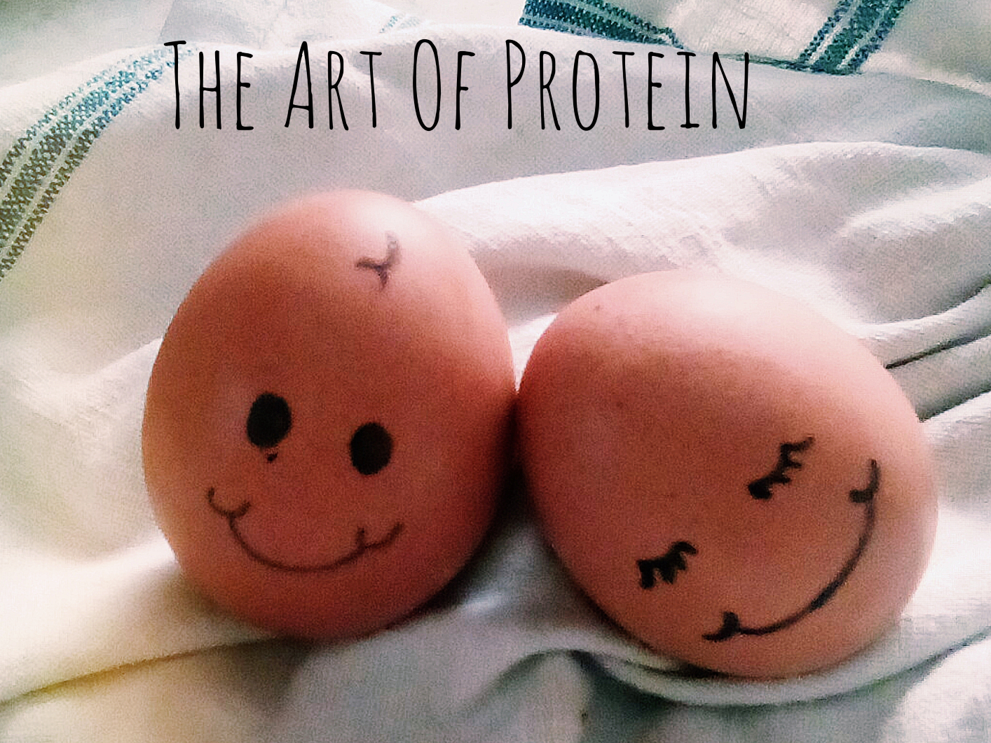 Two eggs with smiles on their "faces", eggs being a great example of a nutritious, complete protein.